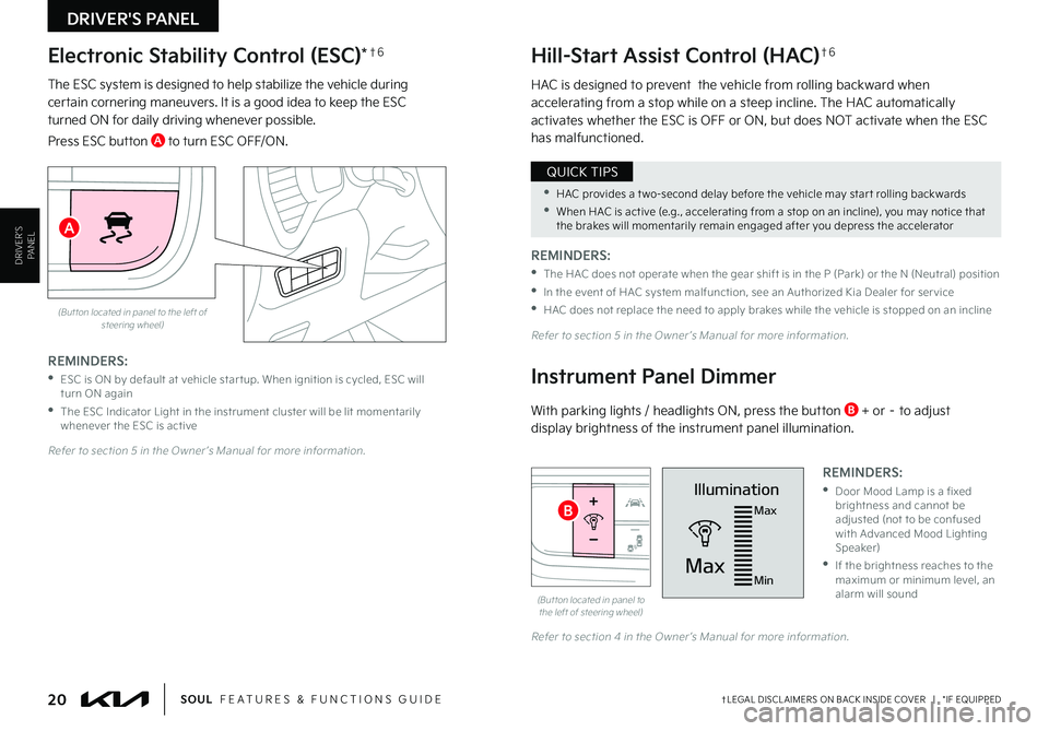 KIA SOUL 2022  Features and Functions Guide DRIVER'S PANEL
DRIVER’SPANEL
20†LEGAL DISCL AIMERS ON BACK INSIDE COVER   |   *IF EQUIPPEDSOUL  FEATURES & FUNCTIONS GUIDE
Hill-Start Assist Control (HAC)†6
HAC is designed to prevent  the v