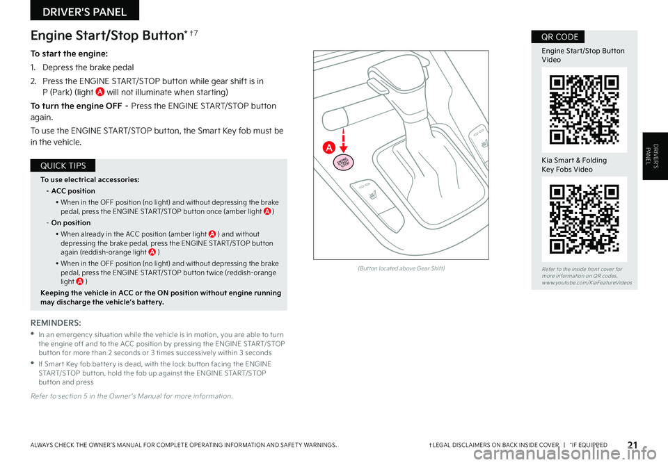 KIA SOUL 2022  Features and Functions Guide DRIVER'S PANEL
DRIVER’SPANEL
21†LEGAL DISCL AIMERS ON BACK INSIDE COVER   |   *IF EQUIPPEDALWAYS CHECK THE OWNER ’S MANUAL FOR COMPLETE OPER ATING INFORMATION AND SAFET Y WARNINGS . 
Refer t