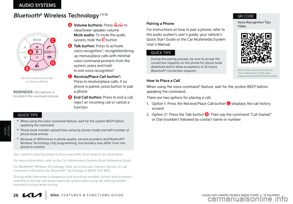 KIA SOUL 2022  Features and Functions Guide 26†LEGAL DISCL AIMERS ON BACK INSIDE COVER   |   *IF EQUIPPEDSOUL  FEATURES & FUNCTIONS GUIDE
AUDIO SYSTEMS
AUDIOSYSTEMS
A   Volume buttons: Press / to raise/lower speaker volume Mute audio: To mute