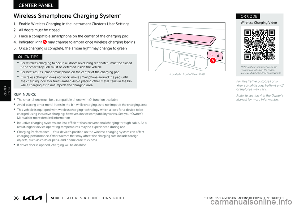 KIA SOUL 2022 Features and Functions Guide CENTER PANEL
CENTER PANEL
36†LEGAL DISCL AIMERS ON BACK INSIDE COVER | *IF EQUIPPEDSOUL FEATURES & FUNCTIONS GUIDE
For illustrative purposes only . Your actual display, but tons and/or features KIA SOUL 2022 Features and Functions Guide CENTER PANEL
CENTER PANEL
36†LEGAL DISCL AIMERS ON BACK INSIDE COVER | *IF EQUIPPEDSOUL FEATURES & FUNCTIONS GUIDE
For illustrative purposes only . Your actual display, but tons and/or features
