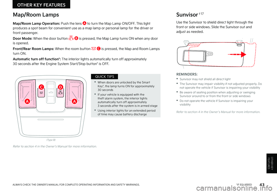 KIA SOUL 2022  Features and Functions Guide OTHER KEY FEATURES
OTHER KEY FEATURES
43  *IF EQUIPPEDALWAYS CHECK THE OWNER ’S MANUAL FOR COMPLETE OPER ATING INFORMATION AND SAFET Y WARNINGS . 
REMINDERS: 
 •Sunvisor may not shield all direct 