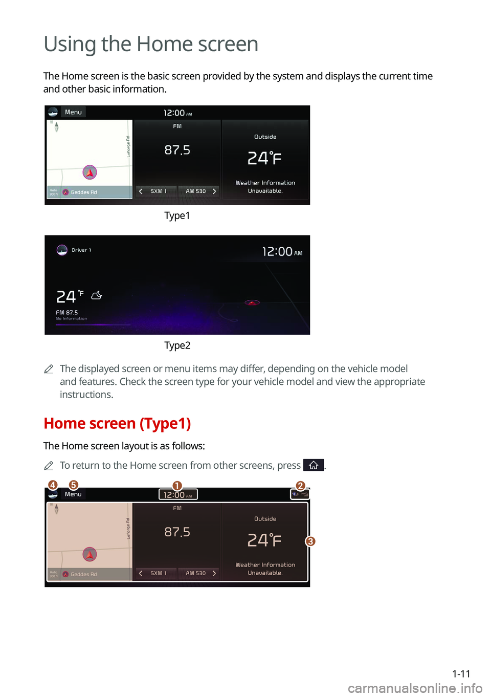 KIA SOUL 2022  Navigation System Quick Reference Guide 1-11
Using the Home screen
The Home screen is the basic screen provided by the system and displays the current time 
and other basic information.
Type1
Type2
0000
A
The displayed screen or menu items 