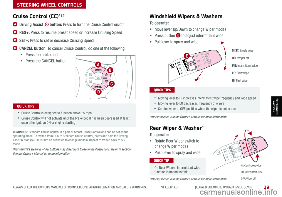 KIA SOUL 2021 Features and Functions Guide ALWAYS CHECK THE OWNER’S MANUAL FOR COMPLETE OPER ATING INFORMATION AND SAFET Y WARNINGS. *IF EQUIPPED †LEGAL DISCL AIMERS ON BACK INSIDE COVER29
M I S T: Single wipe
OFF: W KIA SOUL 2021 Features and Functions Guide ALWAYS CHECK THE OWNER’S MANUAL FOR COMPLETE OPER ATING INFORMATION AND SAFET Y WARNINGS. *IF EQUIPPED †LEGAL DISCL AIMERS ON BACK INSIDE COVER29
M I S T: Single wipe
OFF: W