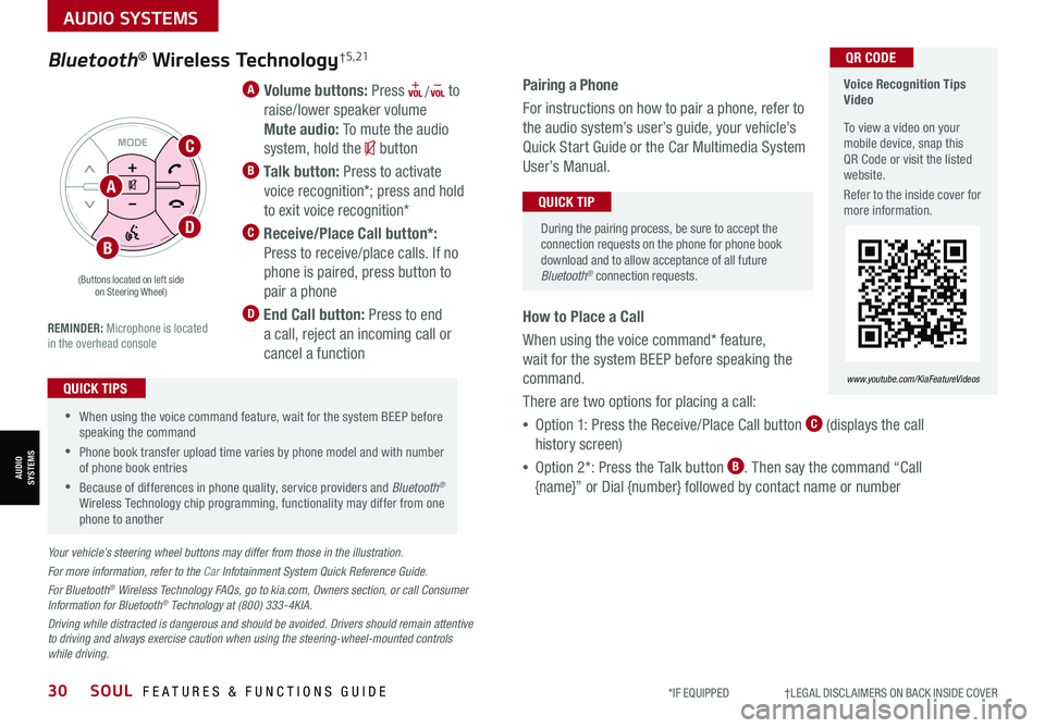 KIA SOUL 2021 Features and Functions Guide 30SOUL FEATURES & FUNCTIONS GUIDE*IF EQUIPPED †LEGAL DISCL AIMERS ON BACK INSIDE COVER
AUDIO SYSTEMS
AUDIOSYSTEMS
A Volume buttons: Press / to
raise/lower speaker volume
Mu KIA SOUL 2021 Features and Functions Guide 30SOUL FEATURES & FUNCTIONS GUIDE*IF EQUIPPED †LEGAL DISCL AIMERS ON BACK INSIDE COVER
AUDIO SYSTEMS
AUDIOSYSTEMS
A Volume buttons: Press / to
raise/lower speaker volume
Mu