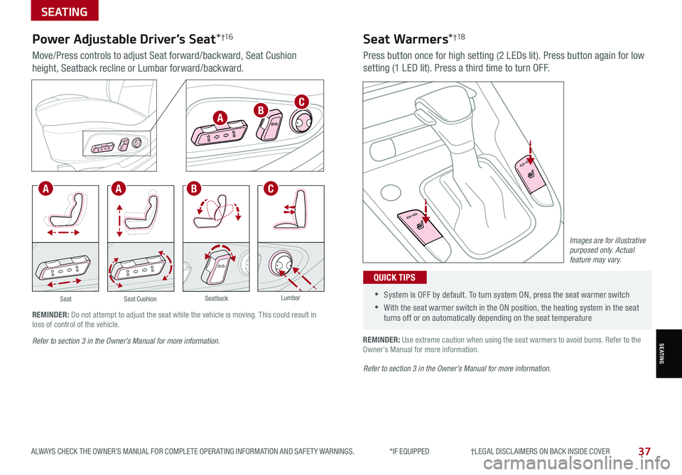KIA SOUL 2021 Features and Functions Guide ALWAYS CHECK THE OWNER’S MANUAL FOR COMPLETE OPER ATING INFORMATION AND SAFET Y WARNINGS. *IF EQUIPPED †LEGAL DISCL AIMERS ON BACK INSIDE COVER37
SEATING
SEATING
SeatLumbarS KIA SOUL 2021 Features and Functions Guide ALWAYS CHECK THE OWNER’S MANUAL FOR COMPLETE OPER ATING INFORMATION AND SAFET Y WARNINGS. *IF EQUIPPED †LEGAL DISCL AIMERS ON BACK INSIDE COVER37
SEATING
SEATING
SeatLumbarS