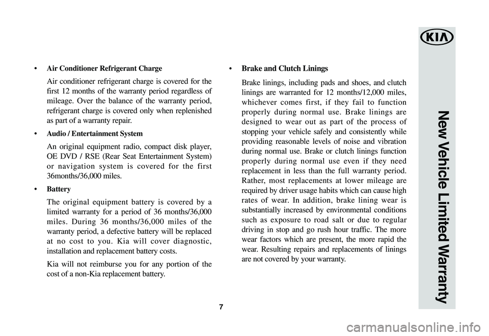 KIA SOUL 2021  Warranty and Consumer Information Guide 7
•	 Air	Conditioner	Refrigerant	Charge	
 Air conditioner refrigerant charge is covered for the 
first 12 months of the warranty period regardless of 
mileage. Over the balance of the warranty perio