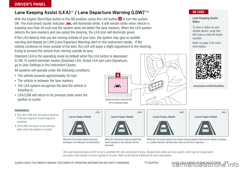 KIA SOUL 2020 Features and Functions Guide 11
DRIVER'S PANEL
ALWAYS CHECK THE OWNER’S MANUAL FOR COMPLETE OPER ATING INFORMATION AND SAFET Y WARNINGS *IF EQUIPPED †LEGAL DISCL AIMERS ON BACK INSIDE COVER
Lane Keepi KIA SOUL 2020 Features and Functions Guide 11
DRIVER'S PANEL
ALWAYS CHECK THE OWNER’S MANUAL FOR COMPLETE OPER ATING INFORMATION AND SAFET Y WARNINGS *IF EQUIPPED †LEGAL DISCL AIMERS ON BACK INSIDE COVER
Lane Keepi