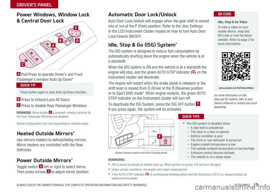 KIA SOUL 2020 Features and Functions Guide 15
DRIVER'S PANEL
ALWAYS CHECK THE OWNER’S MANUAL FOR COMPLETE OPER ATING INFORMATION AND SAFET Y WARNINGS *IF EQUIPPED
•
•The ISG system is disabled w KIA SOUL 2020 Features and Functions Guide 15
DRIVER'S PANEL
ALWAYS CHECK THE OWNER’S MANUAL FOR COMPLETE OPER ATING INFORMATION AND SAFET Y WARNINGS *IF EQUIPPED
•
•The ISG system is disabled w