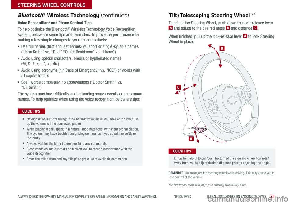 KIA SOUL 2020 Features and Functions Guide 21
STEERING WHEEL CONTROLS
ALWAYS CHECK THE OWNER’S MANUAL FOR COMPLETE OPER ATING INFORMATION AND SAFET Y WARNINGS *IF EQUIPPED †LEGAL DISCL AIMERS ON BACK INSIDE COVER
Voic KIA SOUL 2020 Features and Functions Guide 21
STEERING WHEEL CONTROLS
ALWAYS CHECK THE OWNER’S MANUAL FOR COMPLETE OPER ATING INFORMATION AND SAFET Y WARNINGS *IF EQUIPPED †LEGAL DISCL AIMERS ON BACK INSIDE COVER
Voic