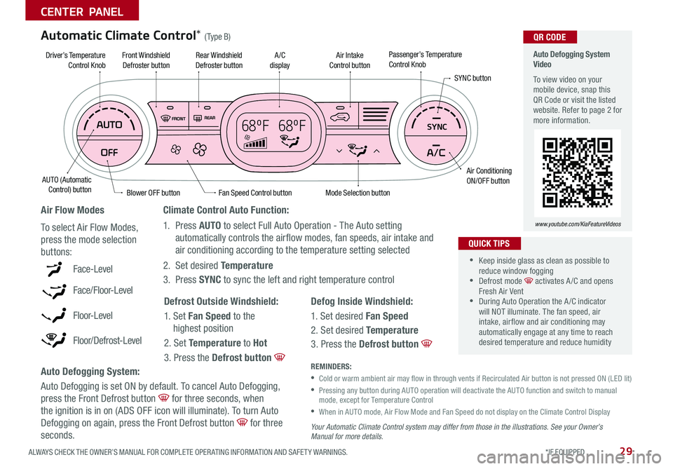KIA SOUL 2020 Features and Functions Guide 29ALWAYS CHECK THE OWNER’S MANUAL FOR COMPLETE OPER ATING INFORMATION AND SAFET Y WARNINGS *IF EQUIPPED
CENTER PANEL
68ºF 68ºFSYNC
Auto Defogging System Video
To view video on your mobile dev KIA SOUL 2020 Features and Functions Guide 29ALWAYS CHECK THE OWNER’S MANUAL FOR COMPLETE OPER ATING INFORMATION AND SAFET Y WARNINGS *IF EQUIPPED
CENTER PANEL
68ºF 68ºFSYNC
Auto Defogging System Video
To view video on your mobile dev