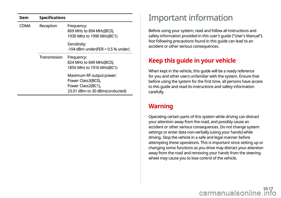 KIA SOUL 2020  Navigation System Quick Reference Guide 10-17
Important information
Before using your system, read and follow all instructions and 
safety information provided in this user's guide ("User's Manual"). 
Not following precautio