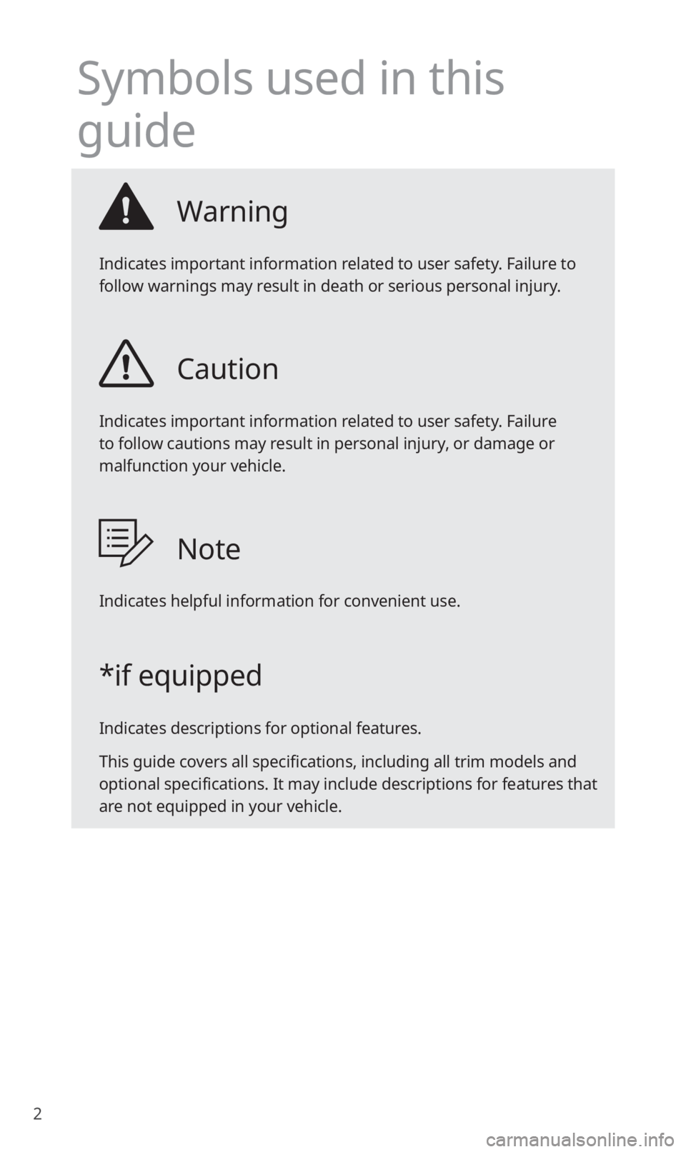 KIA SOUL 2020  Quick Reference Guide 2
Symbols used in this 
guide
Warning
Indicates important information related to user safety. Failure to 
follow warnings may result in death or serious personal injury.
Caution
Indicates important in