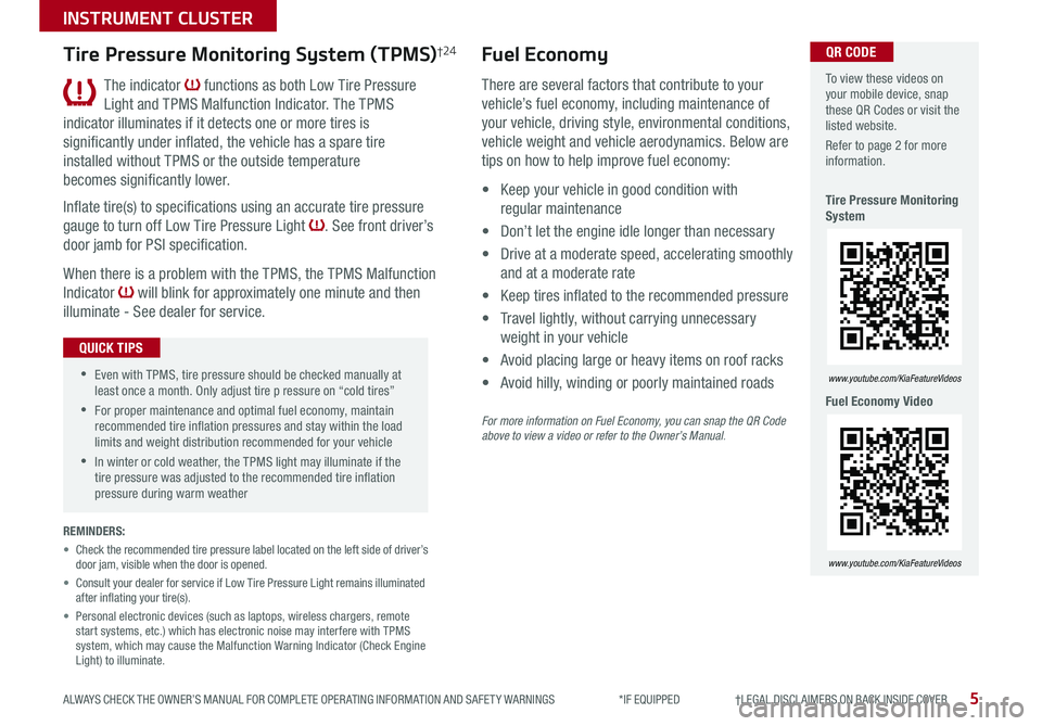 KIA SOUL 2019  Features and Functions Guide 5ALWAYS CHECK THE OWNER’S MANUAL FOR COMPLETE OPER ATING INFORMATION AND SAFET Y WARNINGS  *IF EQUIPPED                     †LEGAL DISCL AIMERS ON BACK INSIDE COVER
INSTRUMENT CLUSTER
  To view th