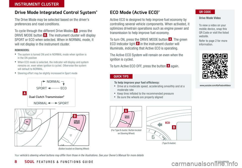 KIA SOUL 2019  Features and Functions Guide SOUL  FEATURES & FUNCTIONS GUIDE8*IF EQUIPPED 
INSTRUMENT CLUSTER
(Type B cluster)
B(For Type B cluster; Button located on Steering Wheel)
  Drive Mode Video   To view a video on your mobile device, s