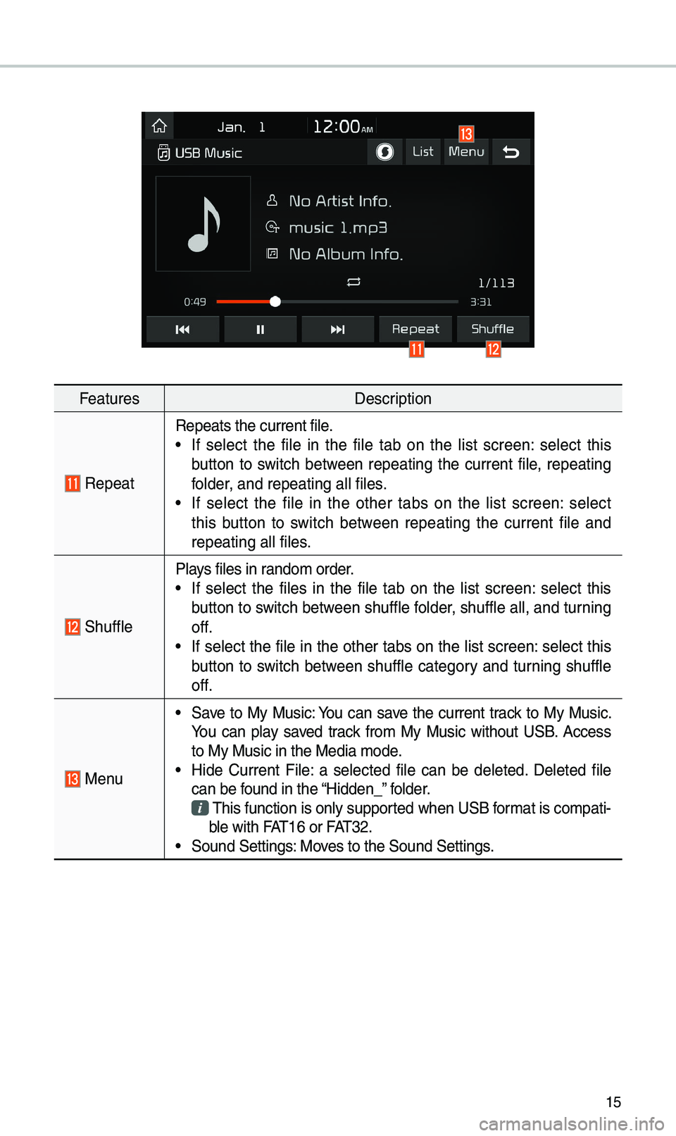 KIA SOUL 2019 Quick Reference Guide 15
FeaturesDescription
Repeat
Repeats the current\u fi\be.• If se\bect the fi\be in the fi\be tab on the \bist screen: se\bect this
button to switch between repeating the curren KIA SOUL 2019 Quick Reference Guide 15
FeaturesDescription
Repeat
Repeats the current\u fi\be.• If se\bect the fi\be in the fi\be tab on the \bist screen: se\bect this
button to switch between repeating the curren