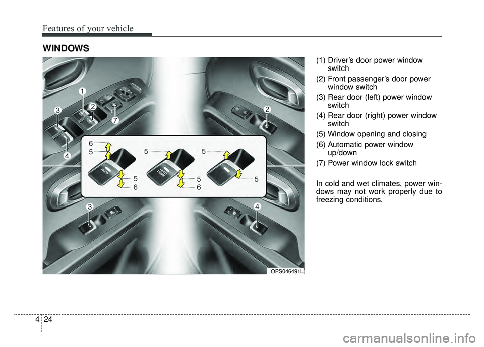 KIA SOUL 2018 Owners Manual Features of your vehicle
24
4
(1) Driver’s door power window
switch
(2) Front passenger’s door power window switch
(3) Rear door (left) power window switch
(4) Rear door (right) power window switc KIA SOUL 2018 Owners Manual Features of your vehicle
24
4
(1) Driver’s door power window
switch
(2) Front passenger’s door power window switch
(3) Rear door (left) power window switch
(4) Rear door (right) power window switc
