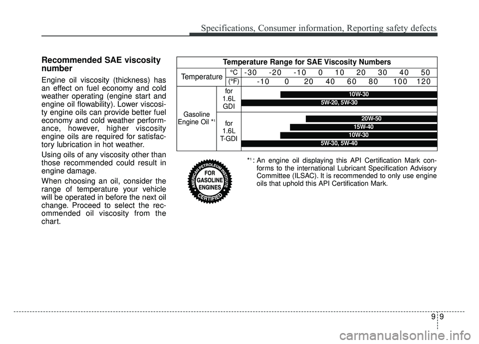 KIA SOUL 2018 Owners Manual 99
Specifications, Consumer information, Reporting safety defects
Recommended SAE viscosity
number
Engine oil viscosity (thickness) has
an effect on fuel economy and cold
weather operating (engine sta KIA SOUL 2018 Owners Manual 99
Specifications, Consumer information, Reporting safety defects
Recommended SAE viscosity
number
Engine oil viscosity (thickness) has
an effect on fuel economy and cold
weather operating (engine sta