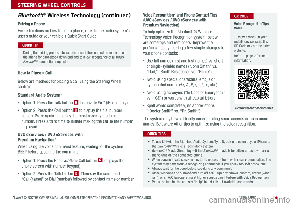 KIA SOUL 2018  Features and Functions Guide 19ALWAYS CHECK THE OWNER’S MANUAL FOR COMPLETE OPER ATING INFORMATION AND SAFET Y WARNINGS  *IF EQUIPPED 
STEERING WHEEL CONTROLS
  Voice Recognition Tips Video   To view a video on your mobile devi