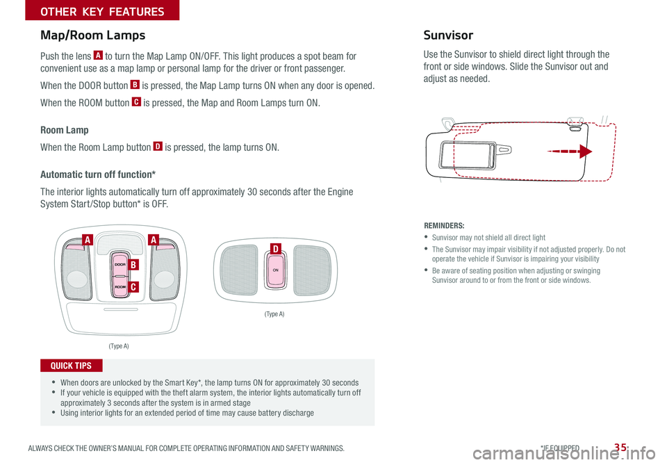 KIA SOUL 2018 Features and Functions Guide 35ALWAYS CHECK THE OWNER’S MANUAL FOR COMPLETE OPER ATING INFORMATION AND SAFET Y WARNINGS *IF EQUIPPED
OTHER KEY FEATURES
Map/Room Lamps
Push the lens A to turn the Map Lamp ON/OFF This light p KIA SOUL 2018 Features and Functions Guide 35ALWAYS CHECK THE OWNER’S MANUAL FOR COMPLETE OPER ATING INFORMATION AND SAFET Y WARNINGS *IF EQUIPPED
OTHER KEY FEATURES
Map/Room Lamps
Push the lens A to turn the Map Lamp ON/OFF This light p
