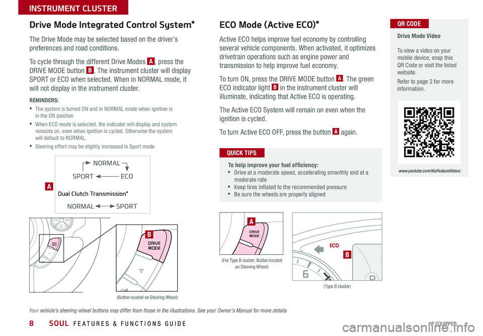 KIA SOUL 2018  Features and Functions Guide SOUL  FEATURES & FUNCTIONS GUIDE8*IF EQUIPPED 
INSTRUMENT CLUSTER
ECO Mode (Active ECO)*
Active ECO helps improve fuel economy by controlling 
several vehicle components  When activated, it optimizes 