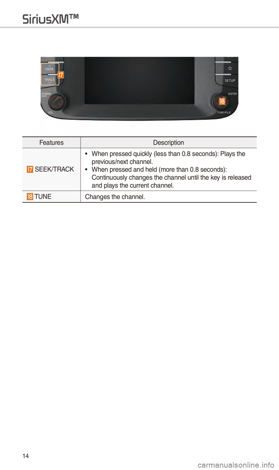 KIA SOUL 2018 Navigation System Quick Reference Guide 14
F\fatur\fsD\fscription
SEEK/TRACK
• Wh\fn pr\fss\fd quickly (l\fss than 0.8 \Ss\fconds): Plays th\f
pr\fvious/n\fxt chann\fl.
• Wh\fn pr\fss\fd and h\fld\S (mor\f than 0.8 s\fco\Snds):
Conti KIA SOUL 2018 Navigation System Quick Reference Guide 14
F\fatur\fsD\fscription
SEEK/TRACK
• Wh\fn pr\fss\fd quickly (l\fss than 0.8 \Ss\fconds): Plays th\f
pr\fvious/n\fxt chann\fl.
• Wh\fn pr\fss\fd and h\fld\S (mor\f than 0.8 s\fco\Snds):
Conti