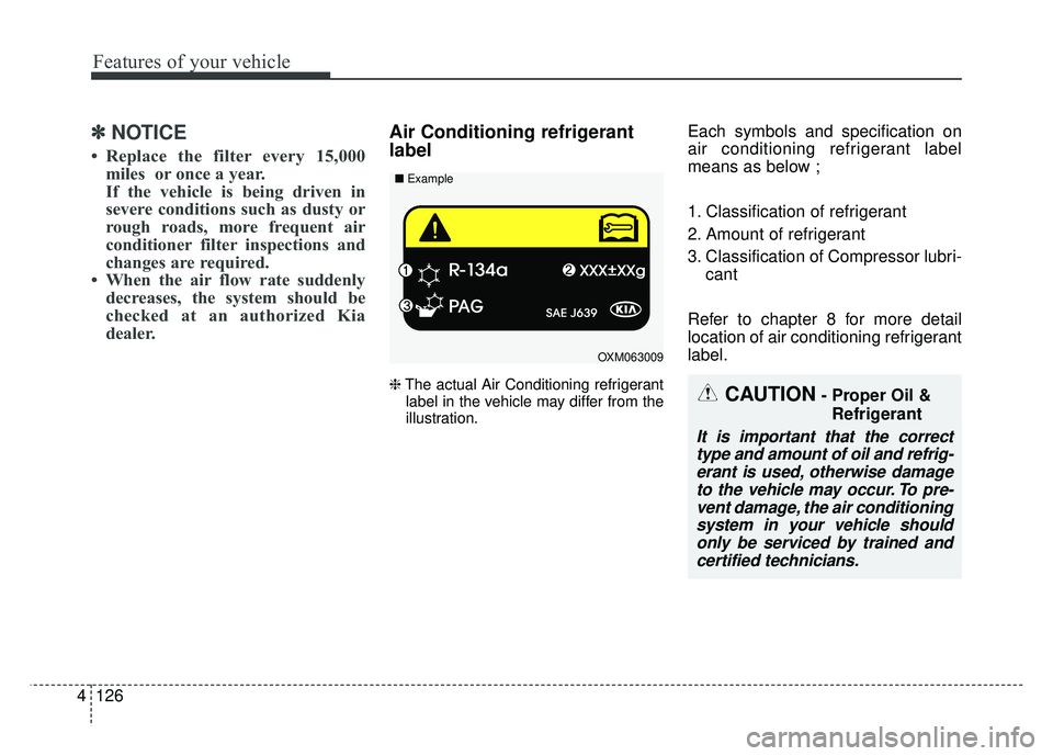 KIA SOUL 2017 Owners Manual Features of your vehicle
126
4
✽
✽
NOTICE
• Replace the filter every 15,000
miles or once a year.
If the vehicle is being driven in
severe conditions such as dusty or
rough roads, more frequent KIA SOUL 2017 Owners Manual Features of your vehicle
126
4
✽
✽
NOTICE
• Replace the filter every 15,000
miles or once a year.
If the vehicle is being driven in
severe conditions such as dusty or
rough roads, more frequent