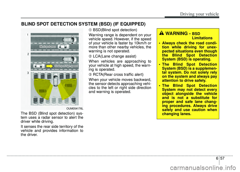 KIA SOUL 2017 Owners Manual 657
Driving your vehicle
The BSD (Blind spot detection) sys-
tem uses a radar sensor to alert the
driver while driving.
It senses the rear side territory of the
vehicle and provides information to
the KIA SOUL 2017 Owners Manual 657
Driving your vehicle
The BSD (Blind spot detection) sys-
tem uses a radar sensor to alert the
driver while driving.
It senses the rear side territory of the
vehicle and provides information to
the