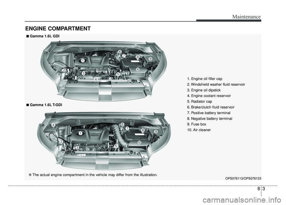 KIA SOUL 2017 Owners Manual 83
Maintenance
ENGINE COMPARTMENT
OPS076113/OPS076133
■
■Gamma 1.6L GDI
❈ The actual engine compartment in the vehicle may differ from the illustration.
■
■Gamma 1.6L T-GDI 1. Engine oil fil KIA SOUL 2017 Owners Manual 83
Maintenance
ENGINE COMPARTMENT
OPS076113/OPS076133
■
■Gamma 1.6L GDI
❈ The actual engine compartment in the vehicle may differ from the illustration.
■
■Gamma 1.6L T-GDI 1. Engine oil fil