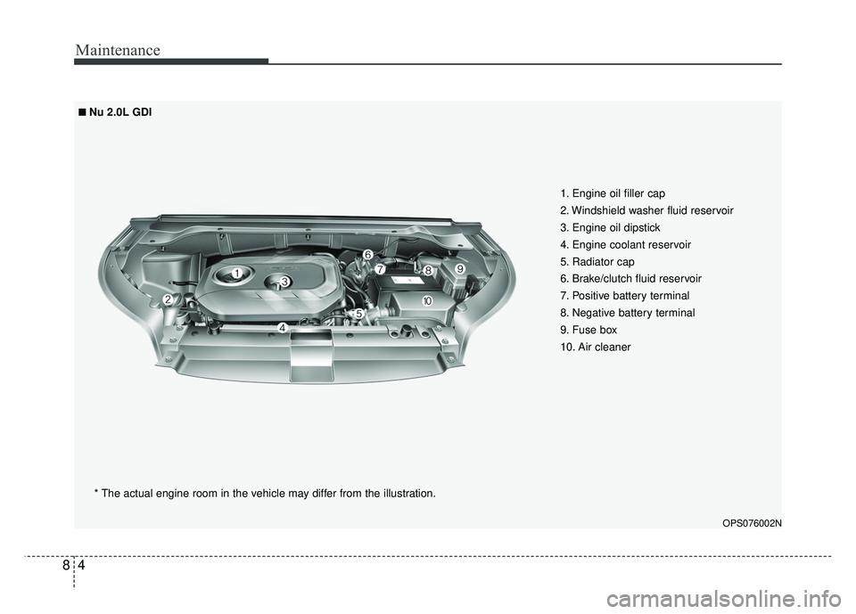 KIA SOUL 2017 Owners Manual Maintenance
48
OPS076002N
* The actual engine room in the vehicle may differ from the illustration.1. Engine oil filler cap
2. Windshield washer fluid reservoir
3. Engine oil dipstick
4. Engine coola KIA SOUL 2017 Owners Manual Maintenance
48
OPS076002N
* The actual engine room in the vehicle may differ from the illustration.1. Engine oil filler cap
2. Windshield washer fluid reservoir
3. Engine oil dipstick
4. Engine coola