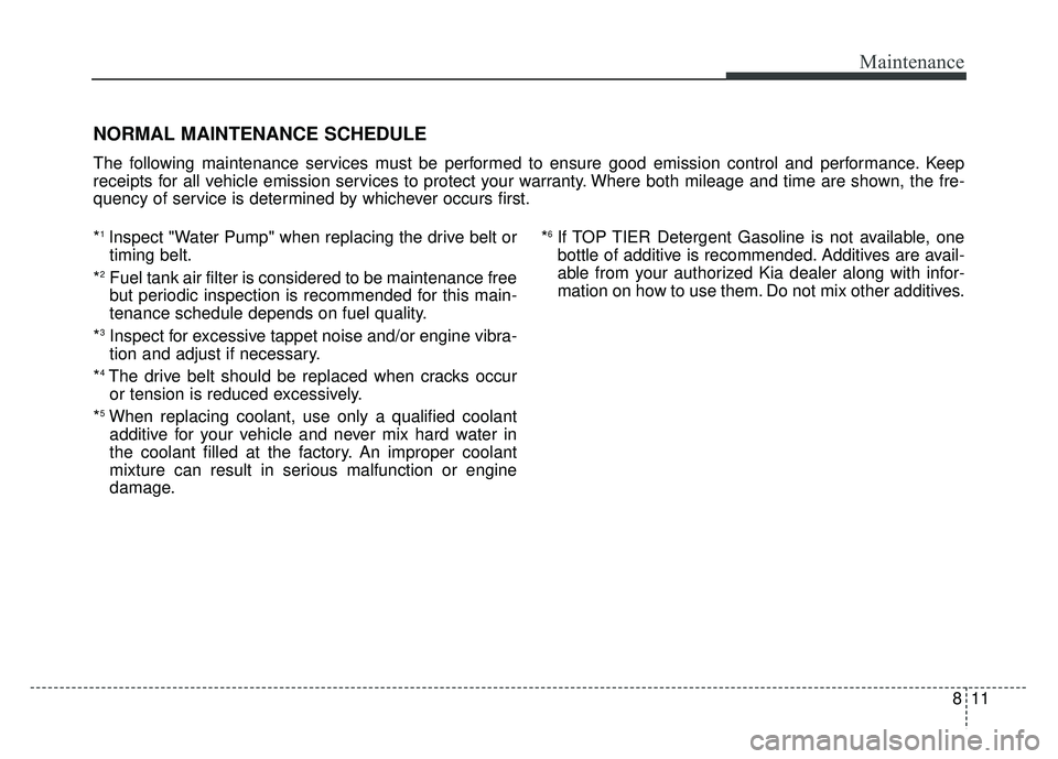 KIA SOUL 2017  Owners Manual 811
Maintenance
NORMAL MAINTENANCE SCHEDULE
The following maintenance services must be performed to ensure good emission control and performance. Keep
receipts for all vehicle emission services to pro