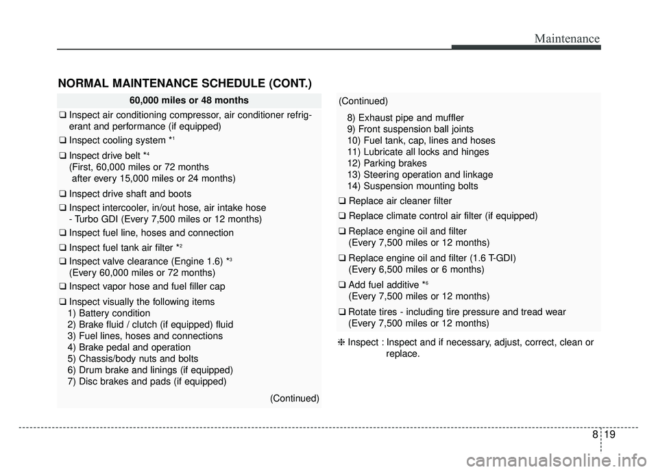 KIA SOUL 2017 Owners Manual 819
Maintenance
NORMAL MAINTENANCE SCHEDULE (CONT.)
60,000 miles or 48 months
❑Inspect air conditioning compressor, air conditioner refrig-
erant and performance (if equipped)
❑ Inspect cooling sy KIA SOUL 2017 Owners Manual 819
Maintenance
NORMAL MAINTENANCE SCHEDULE (CONT.)
60,000 miles or 48 months
❑Inspect air conditioning compressor, air conditioner refrig-
erant and performance (if equipped)
❑ Inspect cooling sy