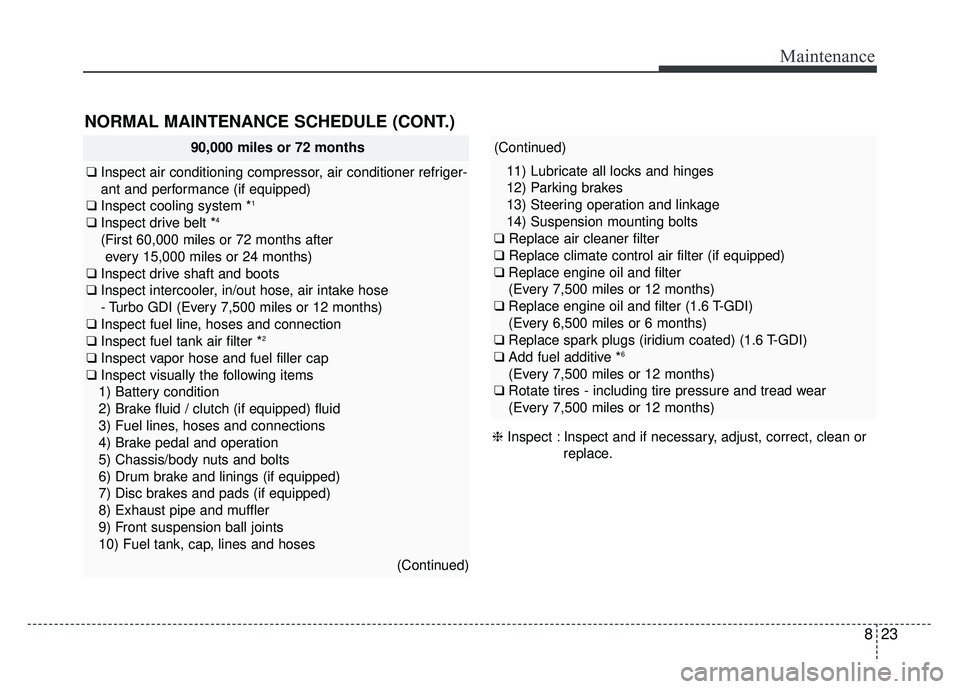 KIA SOUL 2017 Owners Manual 823
Maintenance
NORMAL MAINTENANCE SCHEDULE (CONT.)
❈Inspect : Inspect and if necessary, adjust, correct, clean or
replace.
90,000 miles or 72 months
❑Inspect air conditioning compressor, air cond KIA SOUL 2017 Owners Manual 823
Maintenance
NORMAL MAINTENANCE SCHEDULE (CONT.)
❈Inspect : Inspect and if necessary, adjust, correct, clean or
replace.
90,000 miles or 72 months
❑Inspect air conditioning compressor, air cond