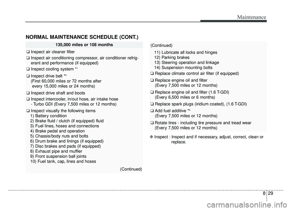 KIA SOUL 2017 Owners Manual 829
Maintenance
NORMAL MAINTENANCE SCHEDULE (CONT.)
135,000 miles or 108 months
❑Inspect air cleaner filter
❑Inspect air conditioning compressor, air conditioner refrig-
erant and performance (if KIA SOUL 2017 Owners Manual 829
Maintenance
NORMAL MAINTENANCE SCHEDULE (CONT.)
135,000 miles or 108 months
❑Inspect air cleaner filter
❑Inspect air conditioning compressor, air conditioner refrig-
erant and performance (if
