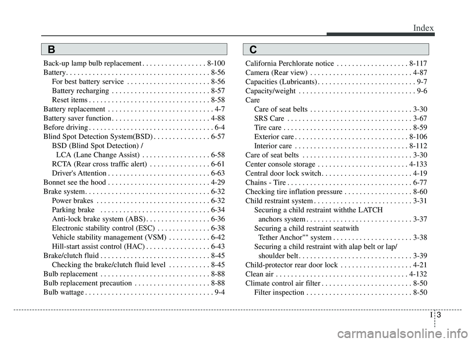 KIA SOUL 2017  Owners Manual I3
Index
Back-up lamp bulb replacement . . . . . . . . . . . . . . . . . 8-100
Battery. . . . . . . . . . . . . . . . . . . . . . . . . . . . . . . . . . . . \
. . 8-56For best battery service . . . .