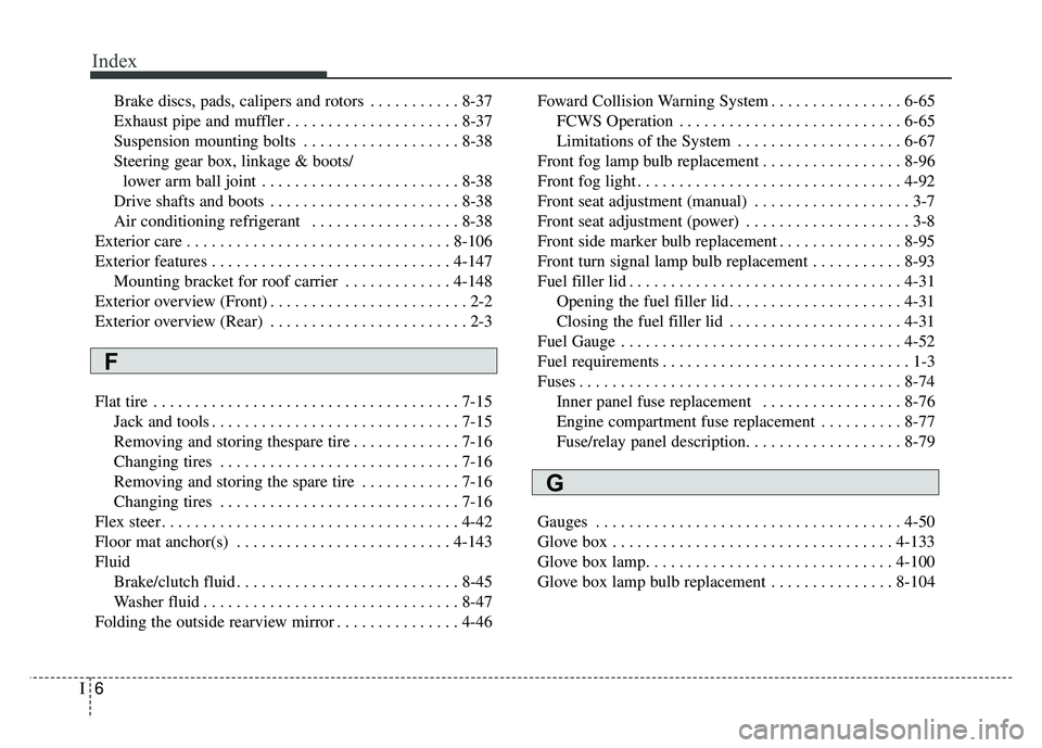 KIA SOUL 2017  Owners Manual Index
6I
Brake discs, pads, calipers and rotors . . . . . . . . . . . 8-37
Exhaust pipe and muffler . . . . . . . . . . . . . . . . . . . . . 8-37
Suspension mounting bolts  . . . . . . . . . . . . . 