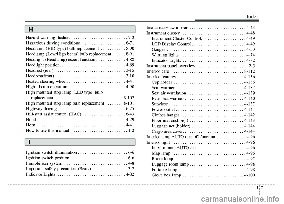 KIA SOUL 2017  Owners Manual I7
Index
Hazard warning flasher . . . . . . . . . . . . . . . . . . . . . . . . . . 7-2
Hazardous driving conditions . . . . . . . . . . . . . . . . . . . . 6-71
Headlamp (HID type) bulb replacement .