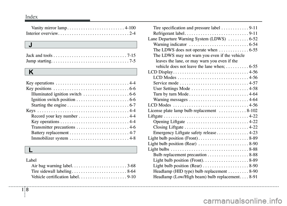 KIA SOUL 2017  Owners Manual Index
8I
Vanity mirror lamp . . . . . . . . . . . . . . . . . . . . . . . . . 4-100
Interior overview. . . . . . . . . . . . . . . . . . . . . . . . . . . . . . . 2-4
Jack and tools . . . . . . . . . 