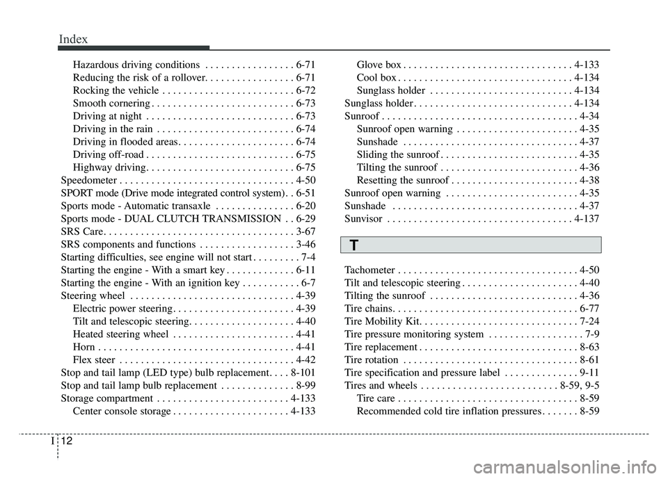 KIA SOUL 2017  Owners Manual Index
12I
Hazardous driving conditions . . . . . . . . . . . . . . . . . 6-71
Reducing the risk of a rollover. . . . . . . . . . . . . . . . . 6-71
Rocking the vehicle . . . . . . . . . . . . . . . . 