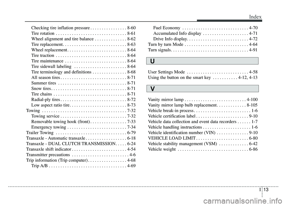 KIA SOUL 2017  Owners Manual I13
Index
Checking tire inflation pressure . . . . . . . . . . . . . . . . 8-60
Tire rotation . . . . . . . . . . . . . . . . . . . . . . . . . . . . . . . 8-61
Wheel alignment and tire balance . . . 