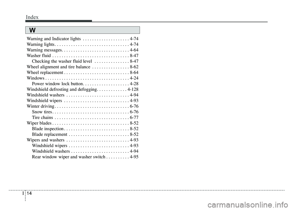 KIA SOUL 2017  Owners Manual Index
14I
Warning and Indicator lights . . . . . . . . . . . . . . . . . . . . 4-74
Warning lights . . . . . . . . . . . . . . . . . . . . . . . . . . . . . . . . 4-74
Warning messages. . . . . . . . 