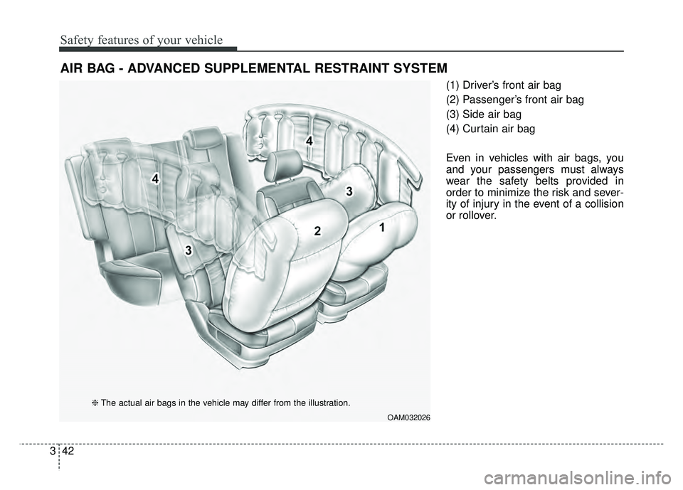 KIA SOUL 2017 Workshop Manual Safety features of your vehicle
42
3
(1) Driver’s front air bag
(2) Passenger’s front air bag
(3) Side air bag
(4) Curtain air bag
Even in vehicles with air bags, you
and your passengers must alwa