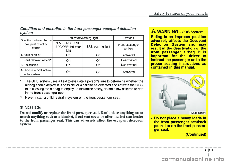 KIA SOUL 2017 Repair Manual 351
Safety features of your vehicle
WARNING- ODS System
Riding in an improper position
adversely affects the Occupant
Detection System and may
result in the deactivation of the
front passenger airbag.