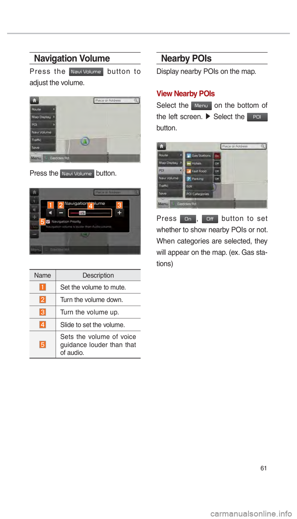 KIA SOUL 2017  Navigation System Quick Reference Guide 61
Navigation Volume
Press the 003100440059004C00030039 button to 
adjust the volume.
Press the 003100440059004C00030039 button.
Name Description
  Set the volume to mute.
 Turn the volume down.
 Turn