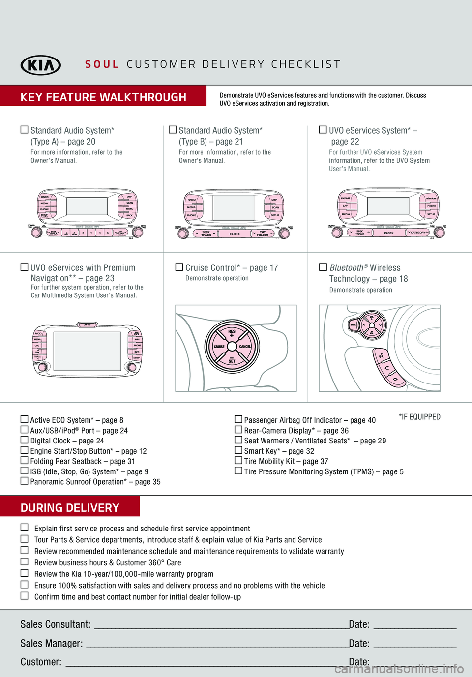 KIA SOUL 2016 Features and Functions Guide Active ECO System* – page 8 Aux/USB/iPod
® Port – page 24
Digital Clock – page 24 Engine Start /Stop Button* – page 12 Folding Rear Seatback – page 31 ISG (Idle, Stop, Go) System* – pag KIA SOUL 2016 Features and Functions Guide Active ECO System* – page 8 Aux/USB/iPod
® Port – page 24
Digital Clock – page 24 Engine Start /Stop Button* – page 12 Folding Rear Seatback – page 31 ISG (Idle, Stop, Go) System* – pag