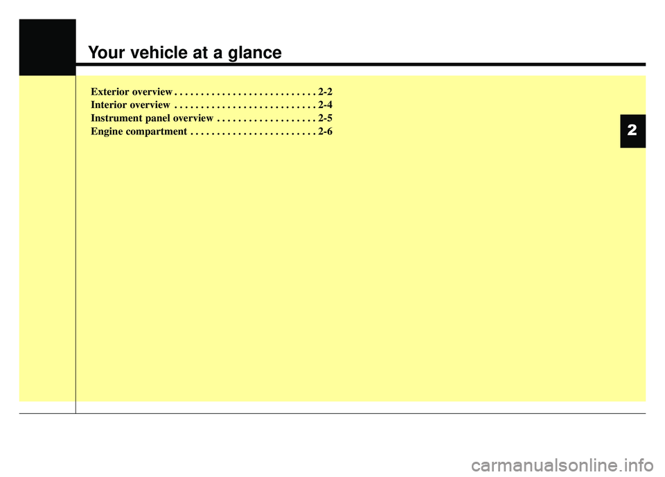 KIA SOUL 2015  Owners Manual Your vehicle at a glance
Exterior overview . . . . . . . . . . . . . . . . . . . . . . . . . . . 2-2
Interior overview . . . . . . . . . . . . . . . . . . . . . . . . . . . 2-4
Instrument panel overvi