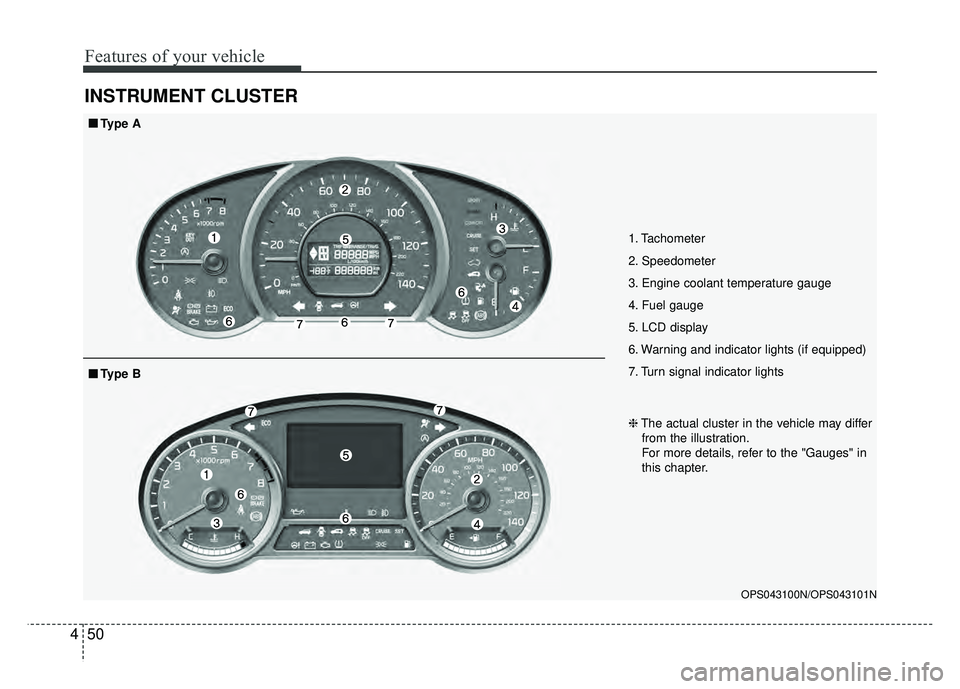 KIA SOUL 2015  Owners Manual Features of your vehicle
50
4
INSTRUMENT CLUSTER
1. Tachometer 
2. Speedometer
3. Engine coolant temperature gauge
4. Fuel gauge
5. LCD display
6. Warning and indicator lights (if equipped)
7. Turn si