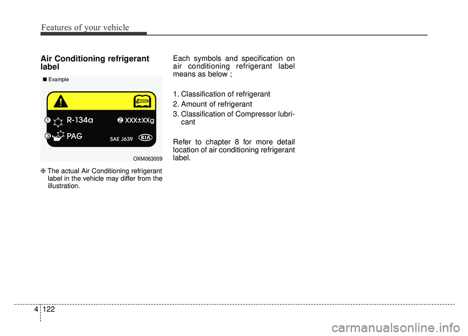KIA SOUL 2015  Owners Manual Features of your vehicle
122
4
Air Conditioning refrigerant
label
❈ The actual Air Conditioning refrigerant
label in the vehicle may differ from the
illustration.
Each symbols and specification on
a