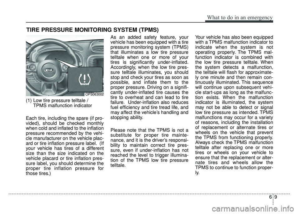 KIA SOUL 2015  Owners Manual 69
What to do in an emergency
TIRE PRESSURE MONITORING SYSTEM (TPMS)
(1) Low tire pressure telltale / TPMS malfunction indicator
Each tire, including the spare (if pro-
vided), should be checked month