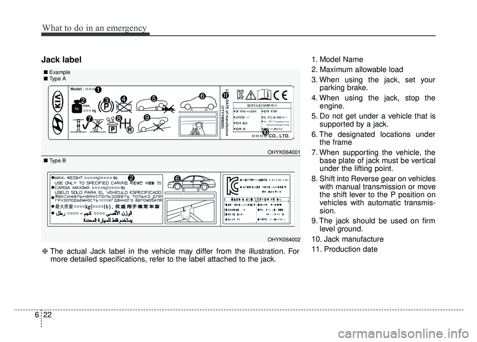 KIA SOUL 2015 Owners Manual What to do in an emergency
22
6
Jack label1. Model Name
2. Maximum allowable load
3. When using the jack, set your
parking brake.
4. When using the jack, stop the engine.
5. Do not get under a vehicle KIA SOUL 2015 Owners Manual What to do in an emergency
22
6
Jack label1. Model Name
2. Maximum allowable load
3. When using the jack, set your
parking brake.
4. When using the jack, stop the engine.
5. Do not get under a vehicle
