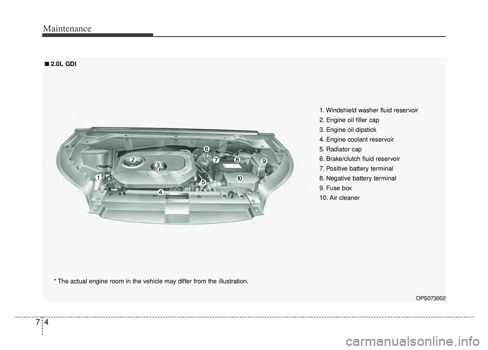 KIA SOUL 2015 Owners Manual Maintenance
47
OPS073002
* The actual engine room in the vehicle may differ from the illustration.1. Windshield washer fluid reservoir
2. Engine oil filler cap
3. Engine oil dipstick
4. Engine coolant KIA SOUL 2015 Owners Manual Maintenance
47
OPS073002
* The actual engine room in the vehicle may differ from the illustration.1. Windshield washer fluid reservoir
2. Engine oil filler cap
3. Engine oil dipstick
4. Engine coolant